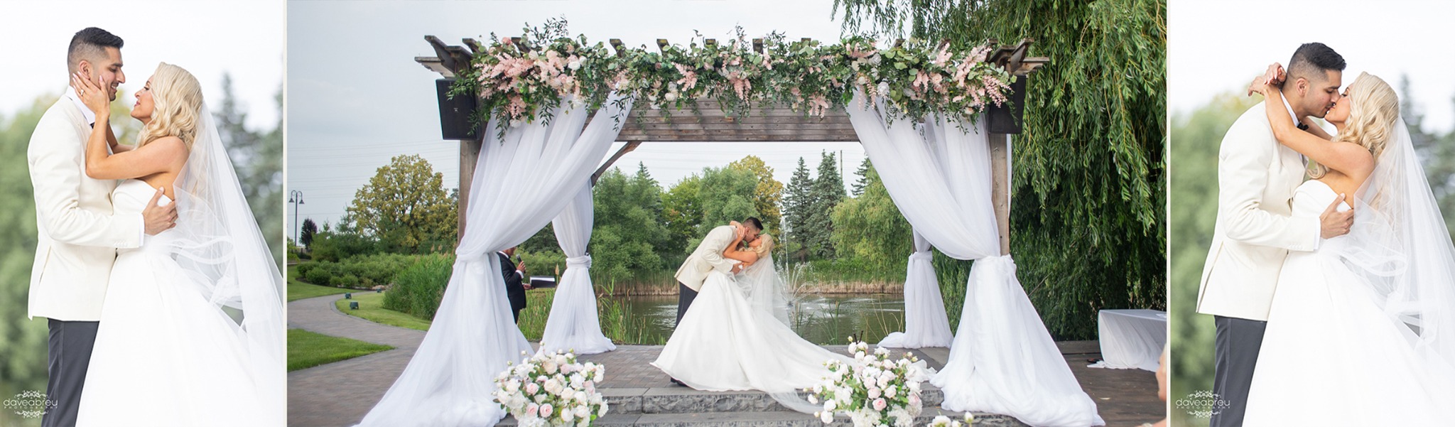Bryanna and Raj sharing their first kiss at the outdoor ceremony