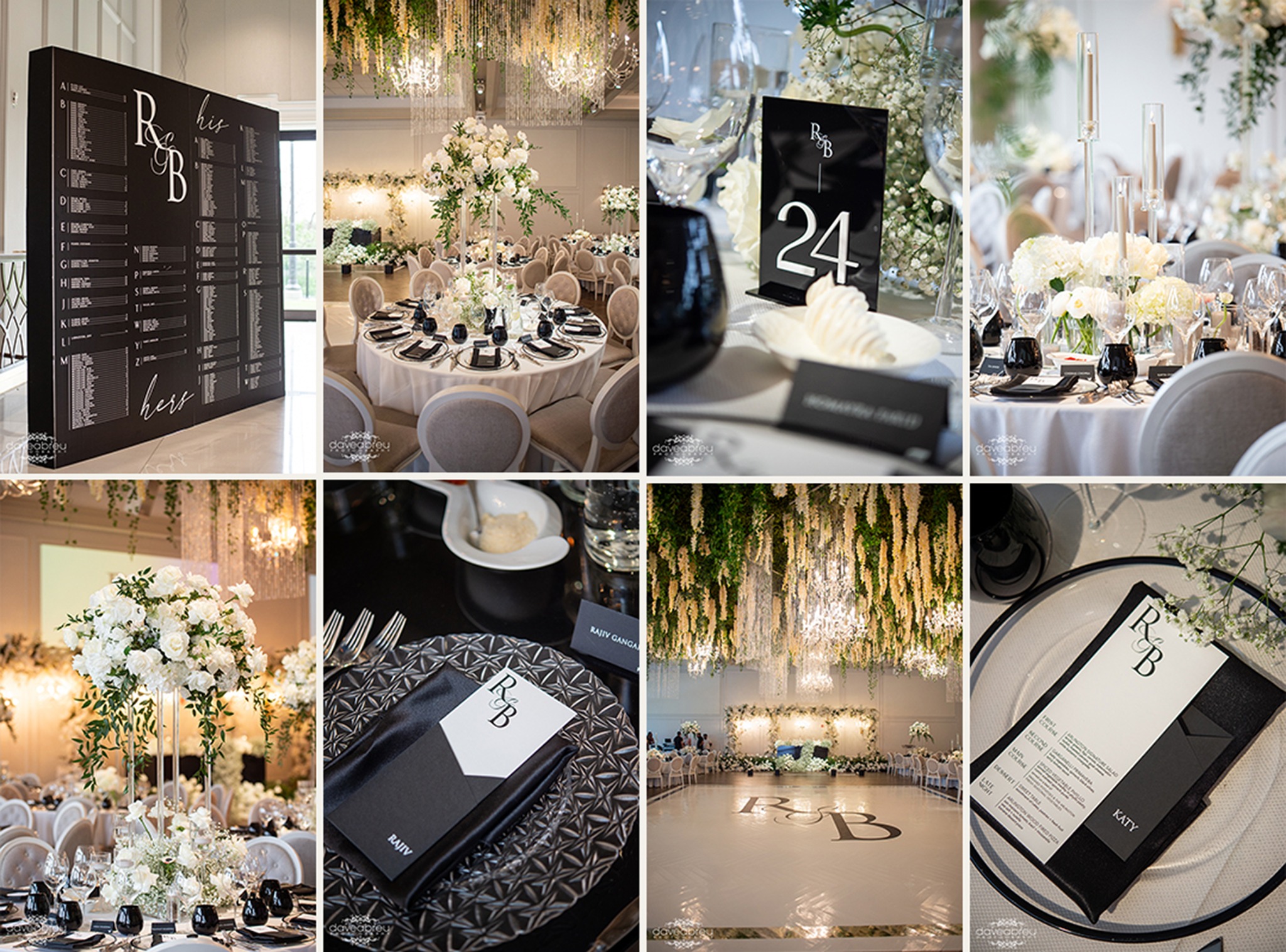 Elegant black and white Arlington Estate reception decor
