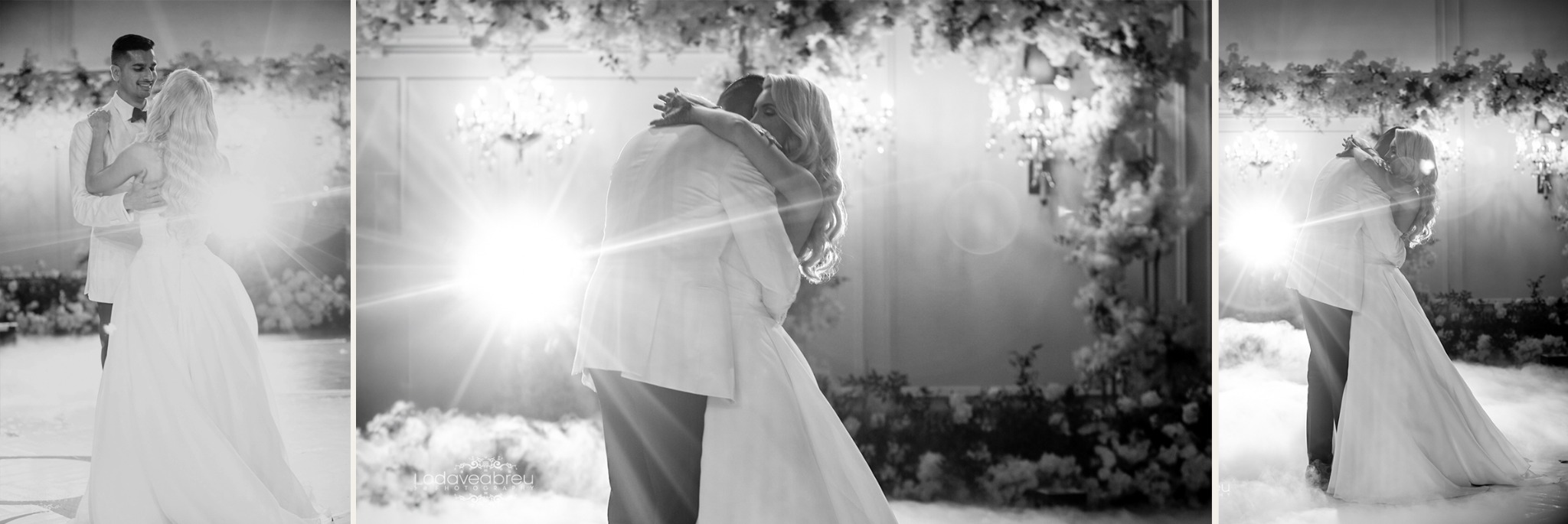 Black and white first dance portraits of Bryanna and Raj