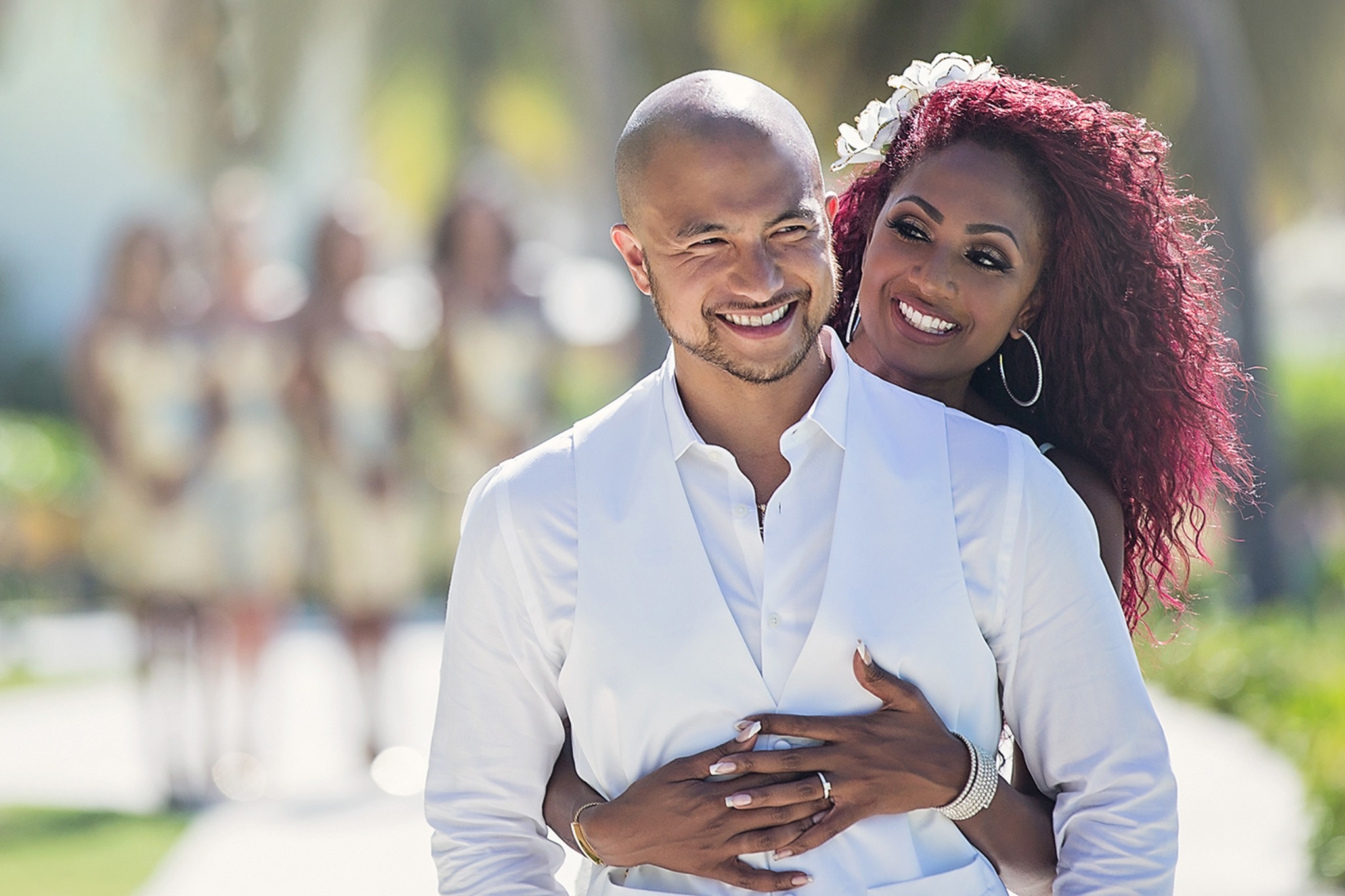 Couple sharing a relaxed portrait together after their wedding first look