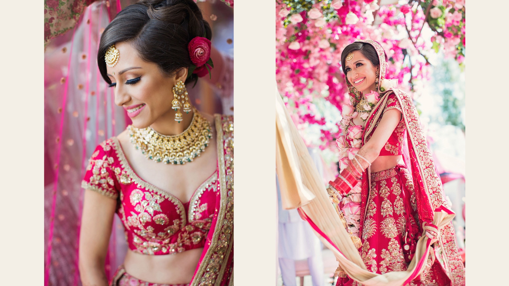 South Asian bride in a pink lehenga wearing traditional gold jewellery and floral accents