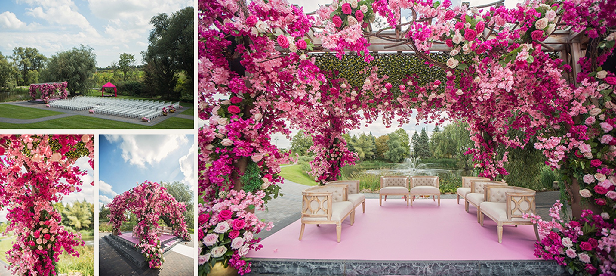 Pink floral Hindu wedding mandap overlooking the grounds at The Arlington Estate