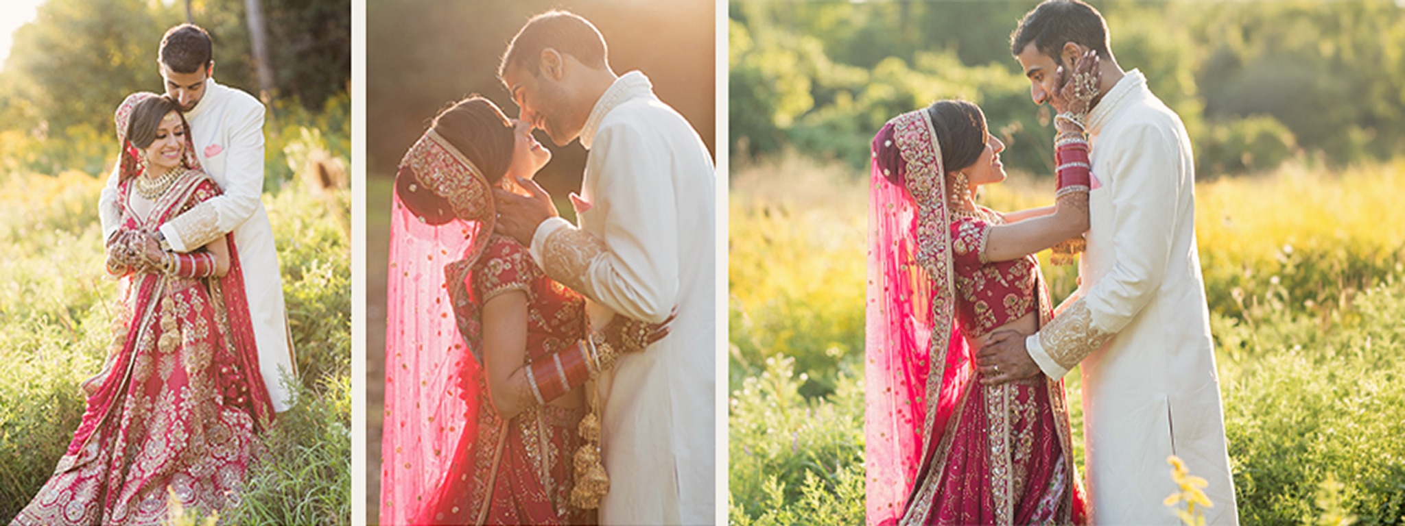Golden-hour wedding portraits of Koyelle and Akash in traditional Indian attire