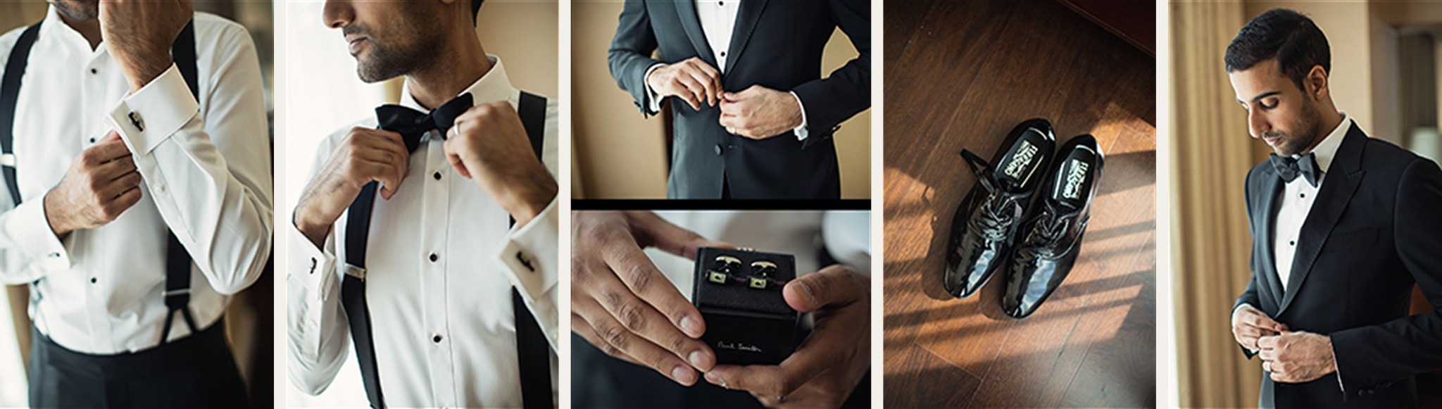 Akash preparing for the Ritz-Carlton Toronto wedding reception in a black tuxedo